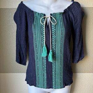 THML Anthropologie Women’s XS Off Shoulder Tassel Blouse Top Embroidered Crinkle